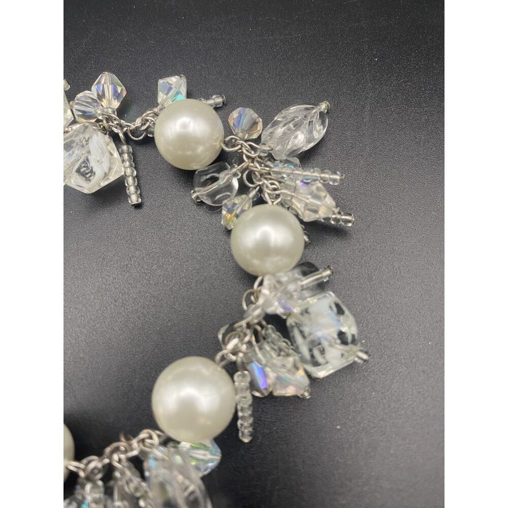Faux White Pearl Bracelet AB Crystal Silver Tone Bridal Prom Pageant Fits 6.5" - Picture 4 of 8